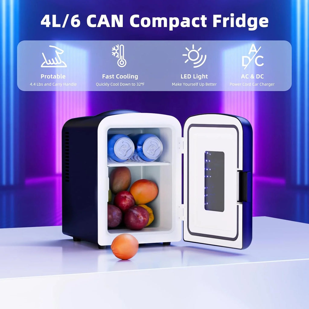 Mini Compact Refrigerator with Gaming Light, 4L Capacity/6 Cans Portable Mini Fridge, for Bedroom,Car,Office and Dorm, Small Cooler for Cosmetics, Beverage and Food