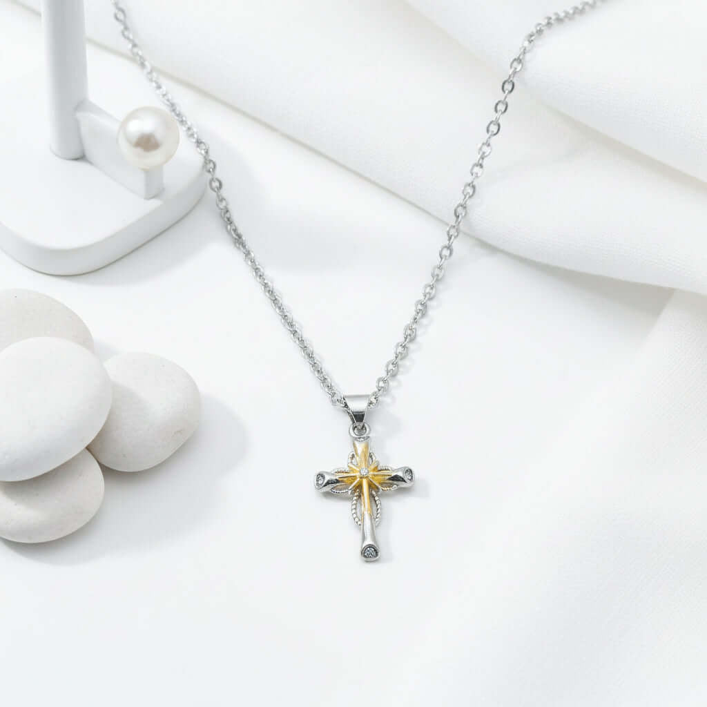 Silver Star Cross Necklace – Octagonal Silver Alloy Pendant for Women