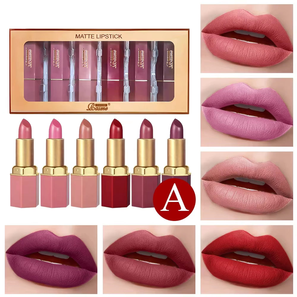 6 Colors Gold Bar Tube Lipstick Matte Texture Pearlescent Glitter Velvet Lipstick Valentine'S Day Gift 6PCS