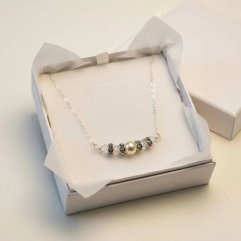 Silver Swarovski Crystal Pearl Bar Bridal Necklace