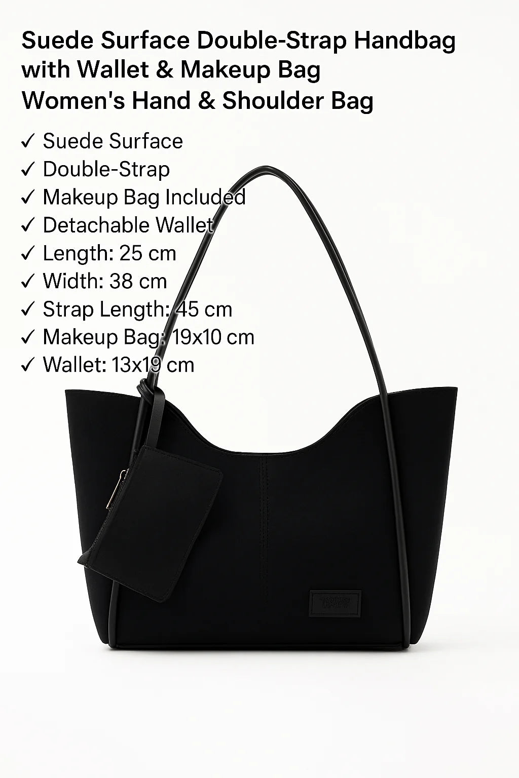 Black Suede SHK108 Women Hand and Shoulder Bag with Wallet and Makeup Bag