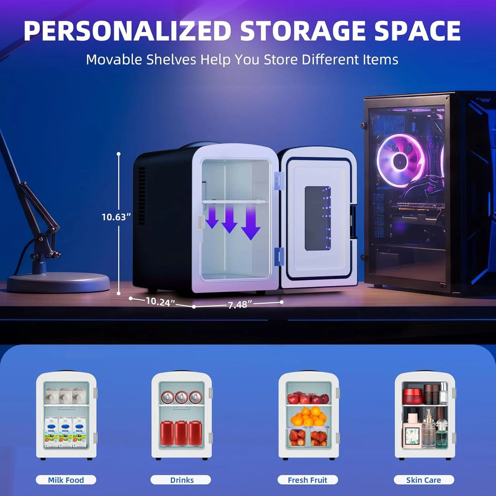 Mini Compact Refrigerator with Gaming Light, 4L Capacity/6 Cans Portable Mini Fridge, for Bedroom,Car,Office and Dorm, Small Cooler for Cosmetics, Beverage and Food