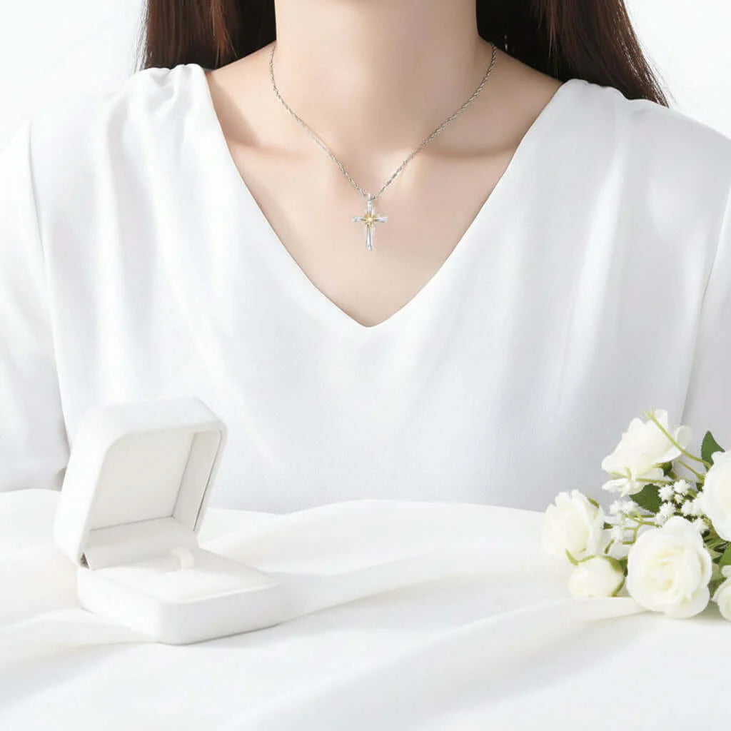 Silver Star Cross Necklace – Octagonal Silver Alloy Pendant for Women