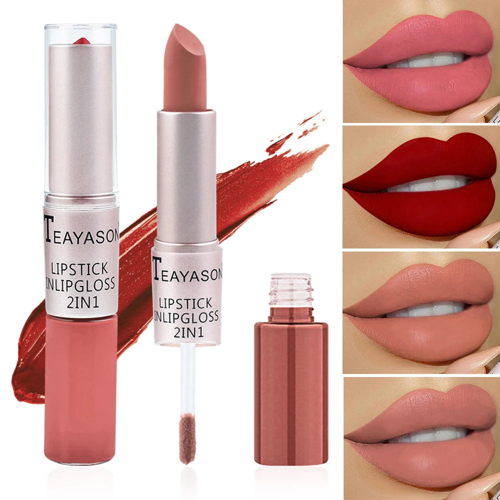 1Pc Long Lasting Velvet Matte Lipstick Double Head Lip Gloss Non-Stick Cup Lip Gloss Waterproof 2 in 1 Matte Red Lipstick Makeup