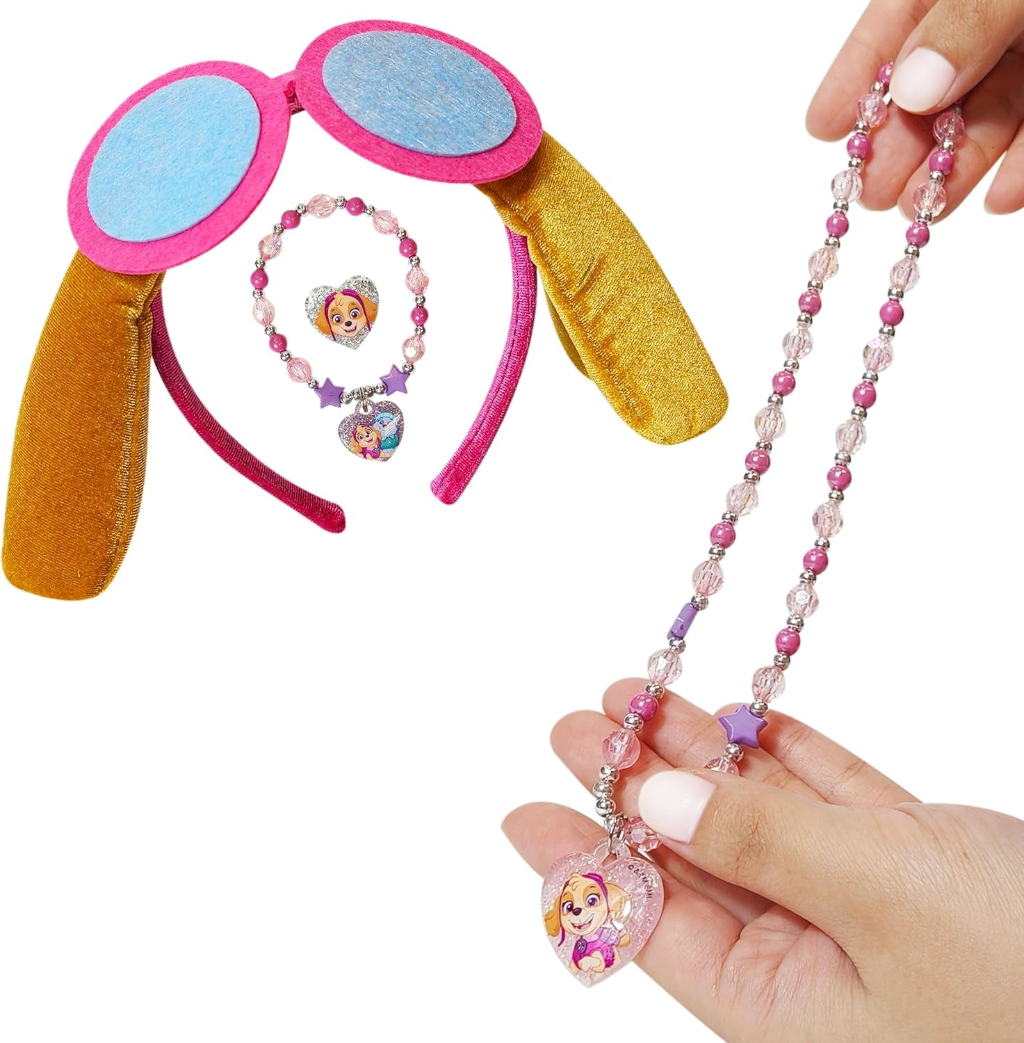 Licensed PAW PATROL Headbands for Girls - Kids Jewelry - Dress up Set All in One Giftable Box - Headband - Play Jewelry Set - 4Pc (Toddler Headband, Necklace, Dress up Bracelet, Ring) Ages 3+