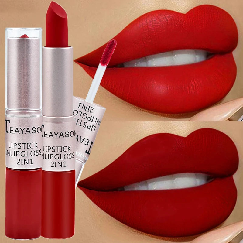 1Pc Long Lasting Velvet Matte Lipstick Double Head Lip Gloss Non-Stick Cup Lip Gloss Waterproof 2 in 1 Matte Red Lipstick Makeup